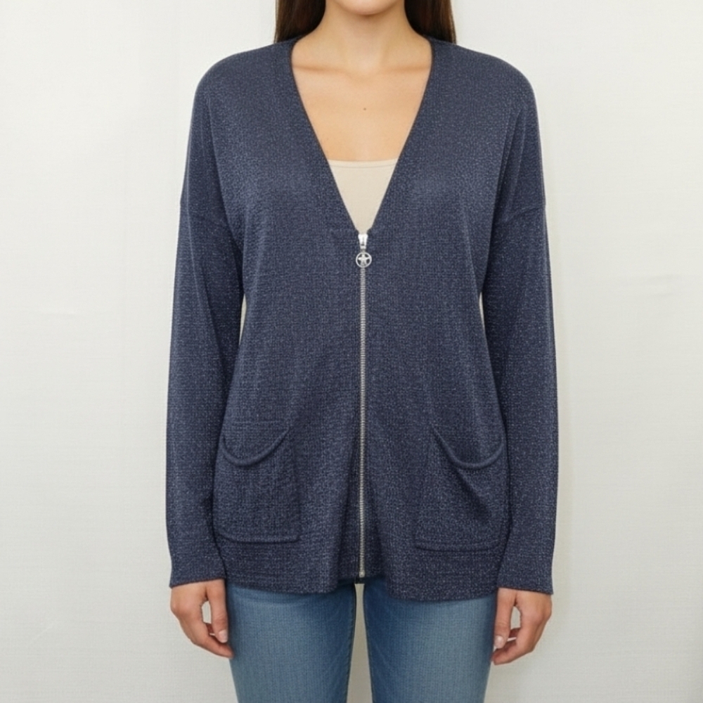 Le Petit Baigneur Zip Up Cardigan Sweater Size Medium Blue Metallic French Star